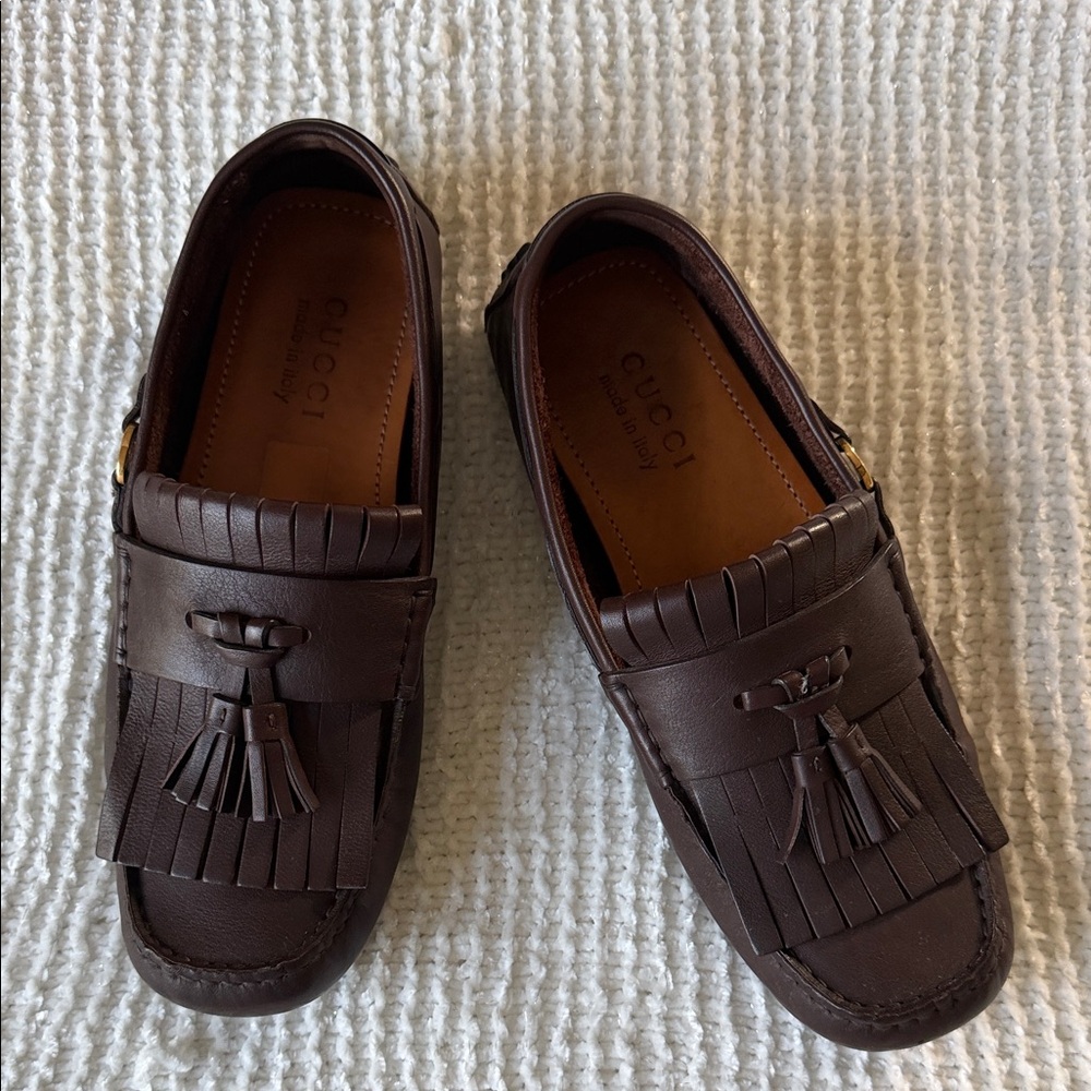 Authentic Gucci Dark Brown Leather Tassel Loafers